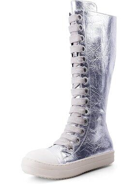 🆕Women's Silver Croco Knee-High School Bicycling Boots Thick Laces Comfort
